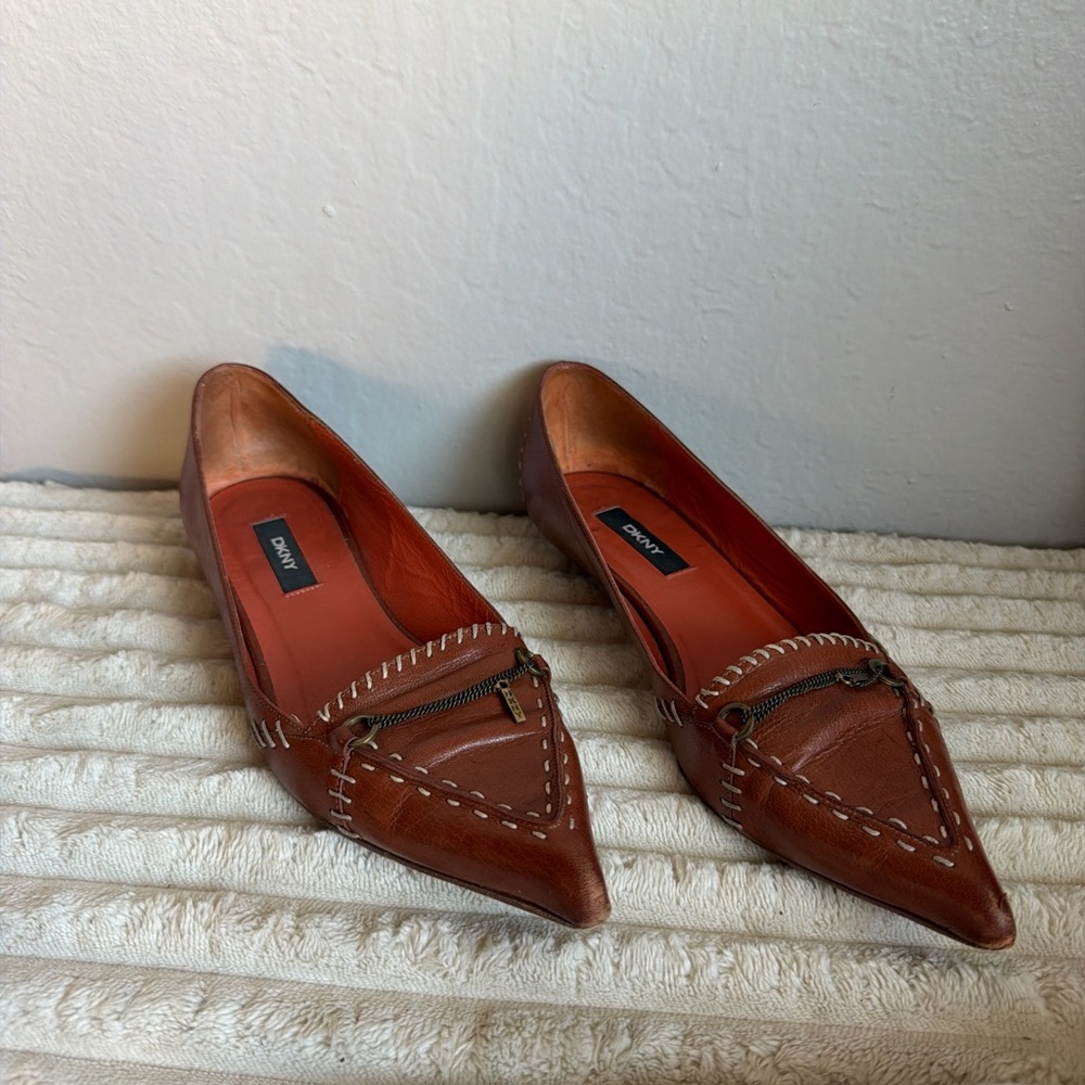 DKNY Women's Tan Leather Loafers with Stitch Detail